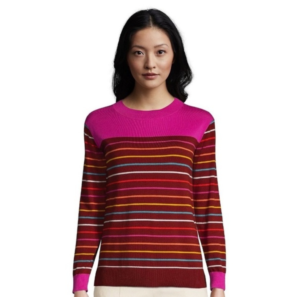Lands End Women’s Sweater Size XL/P 18 Striped Lightweight Rainbow Striped Pink